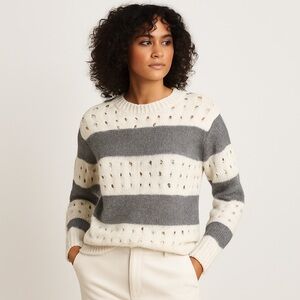 Lush Open Knit Striped Sweater S Soft Cream & Charcoal Coastal Grandma Pullover